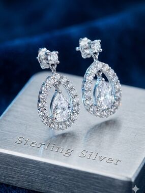 Contessa Di Capri Sterling Silver Teardrop Halo Dangle Earrings in Silver